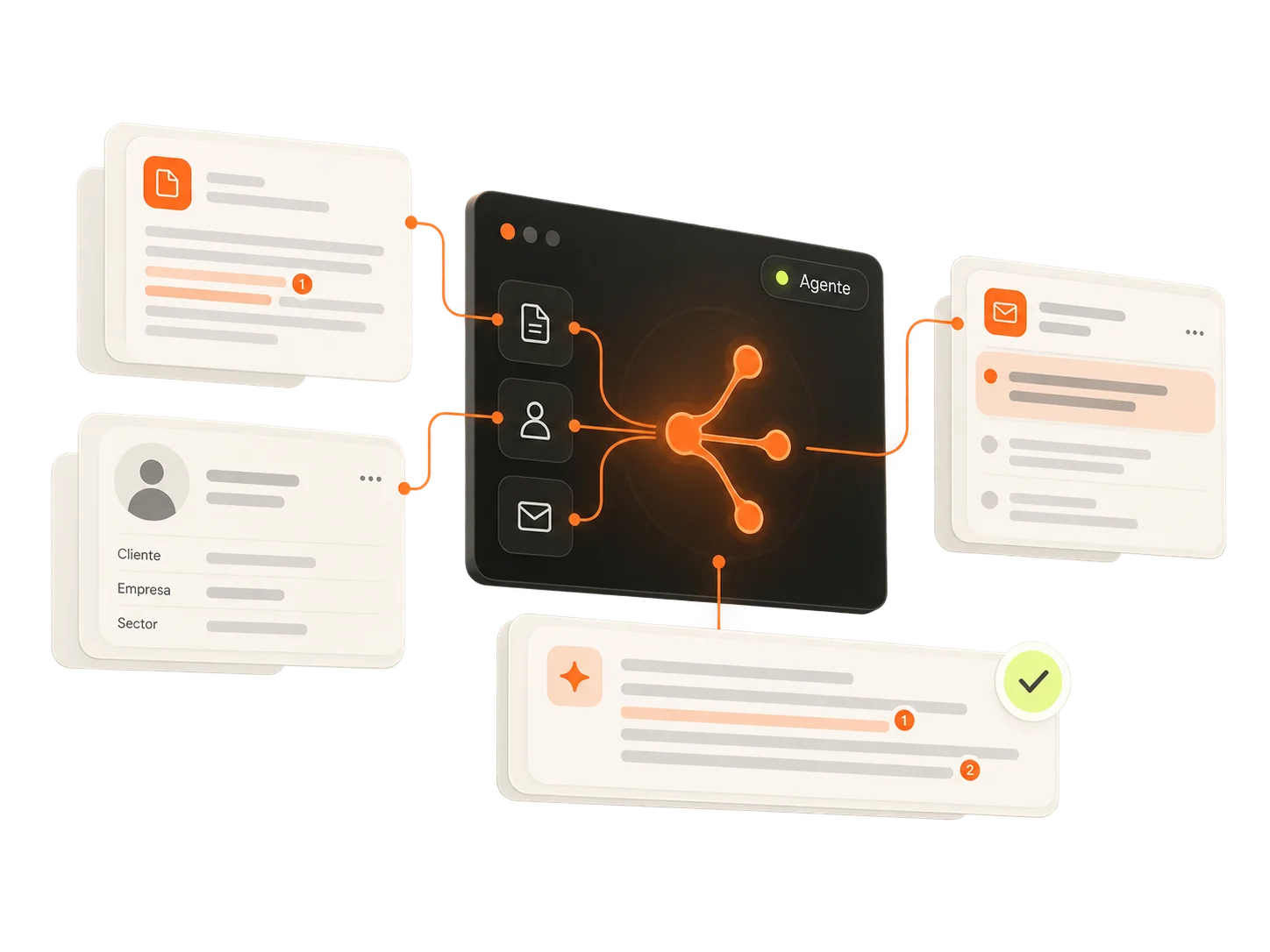 Agente de IA conectado a documentos, contexto de clientes y mensajes para preparar respuestas con fuentes.