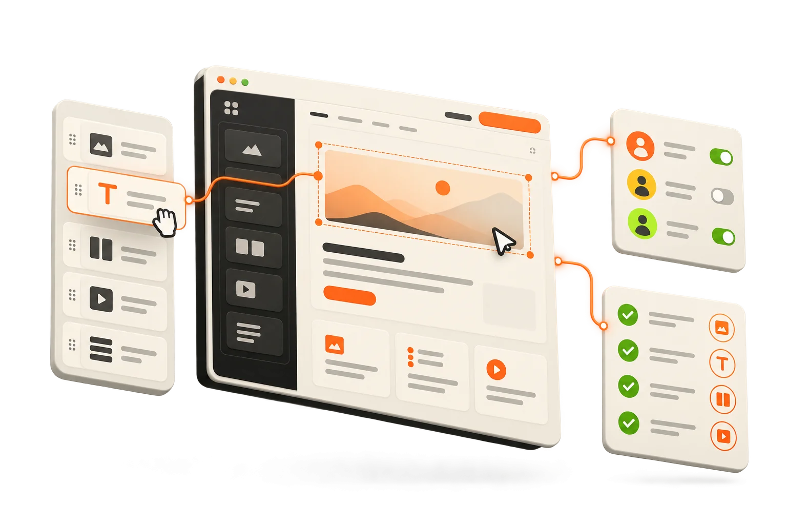 Editor web con módulos de contenido, permisos y comprobaciones de entrega.